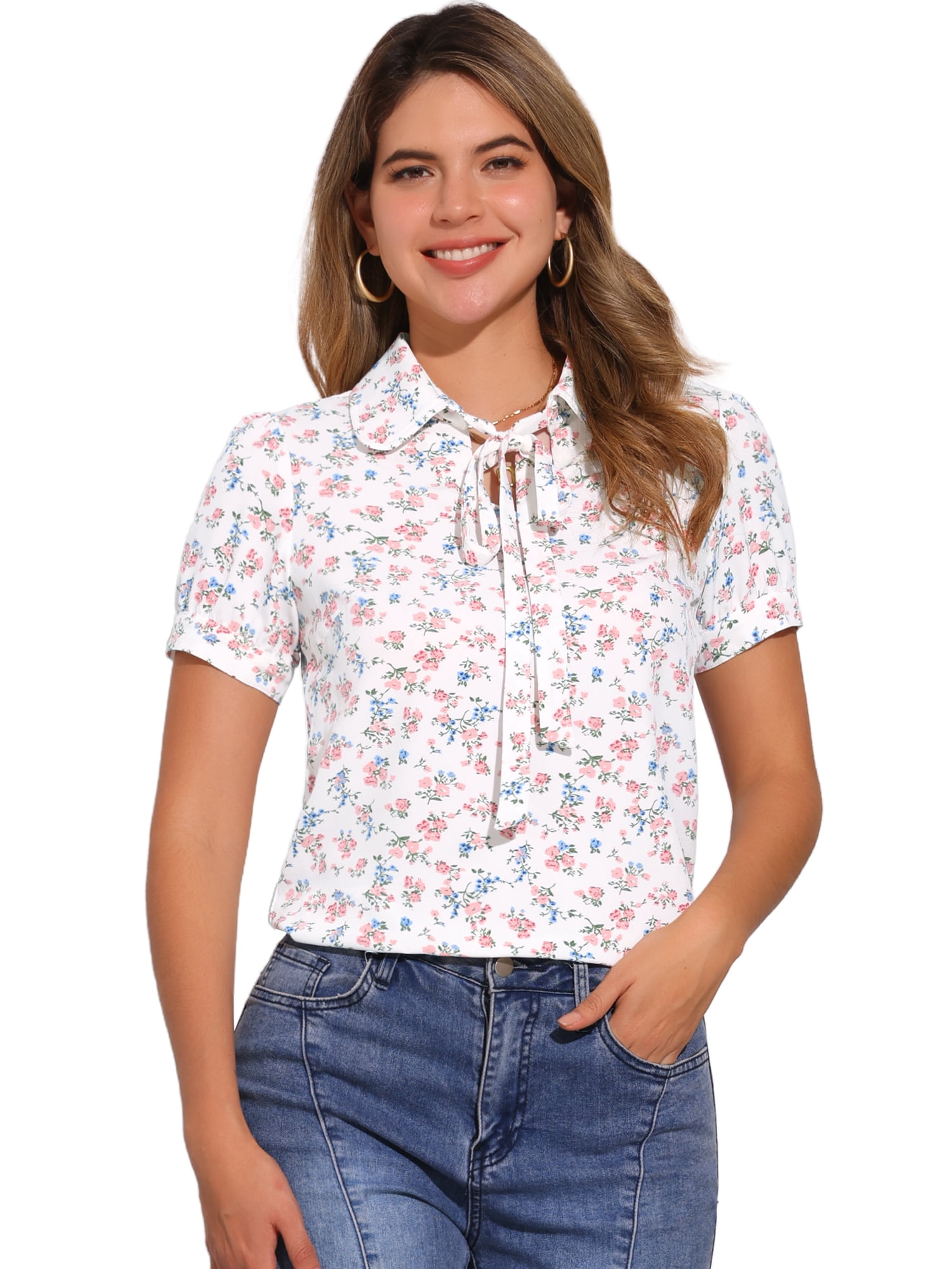 DARING DIVA Tie Bow Peter Pan Collar Chiffon Blouses XL White-Floral