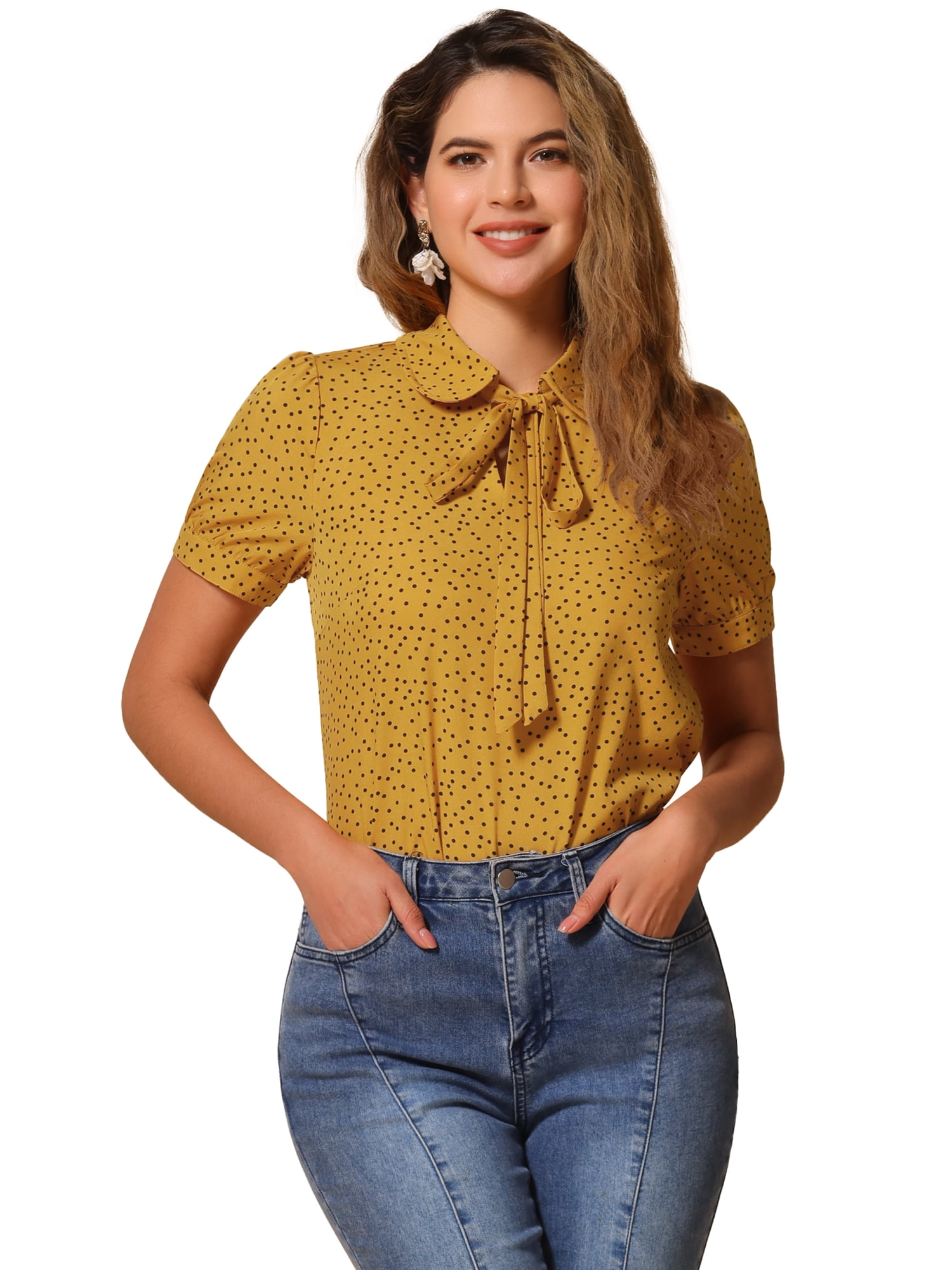 DARING DIVA Tie Bow Peter Pan Collar Chiffon Blouses XL Yellow
