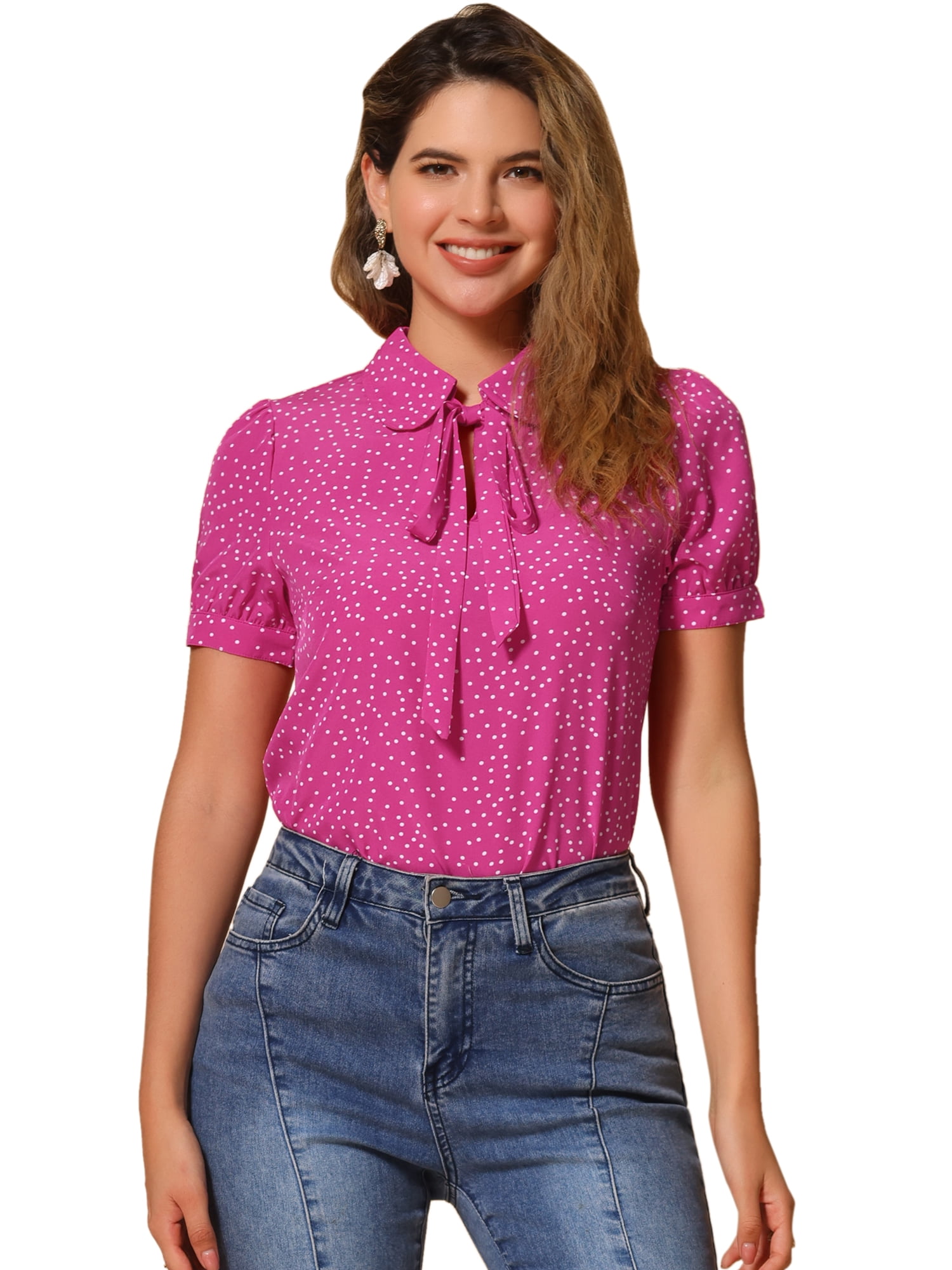 DARING DIVA Tie Bow Peter Pan Collar Chiffon Blouses XS Hot Pink