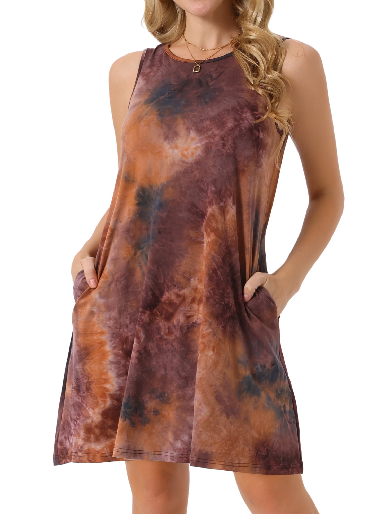 DARING DIVA Tie Dye Tank Dress Sleeveless Pockets Dress M Orange
