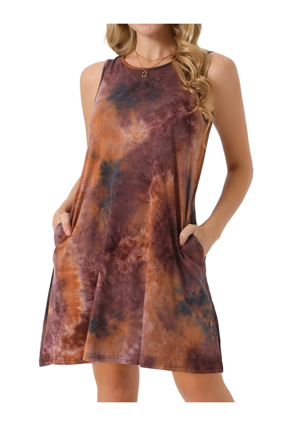 Tie Dye Tank Dress Sleeveless Pockets Dress M Orange
