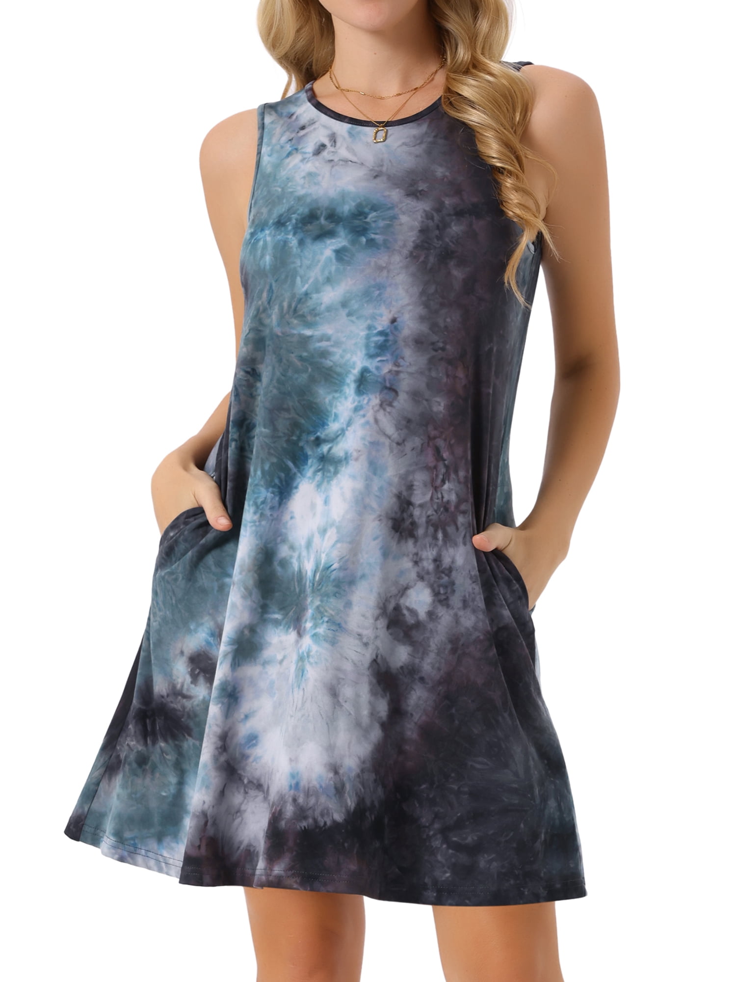 DARING DIVA Tie Dye Tank Dress Sleeveless Pockets Dress S Green Purple