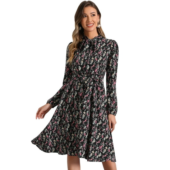 DARING DIVA Tie Neck Chiffon Belted Vintage Floral Midi Dress L Blacks