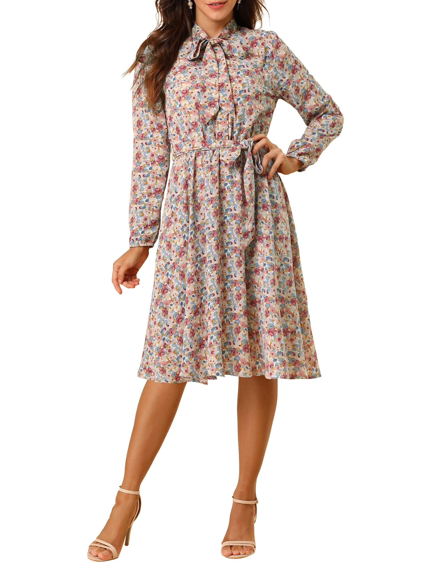 DARING DIVA Tie Neck Chiffon Belted Vintage Floral Midi Dress L Blue