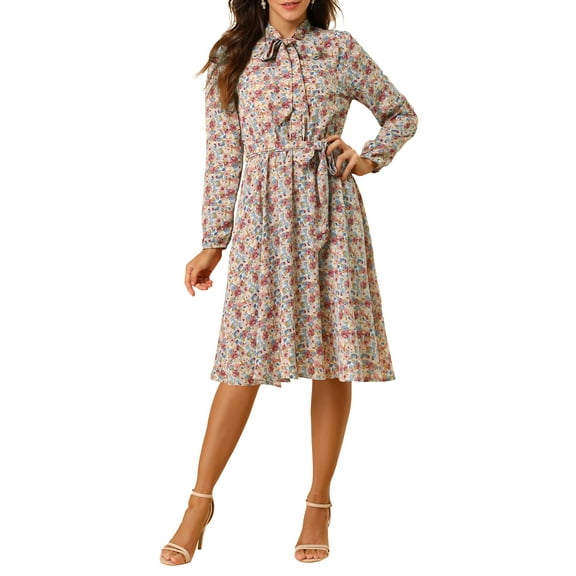 DARING DIVA Tie Neck Chiffon Belted Vintage Floral Midi Dress L Blue