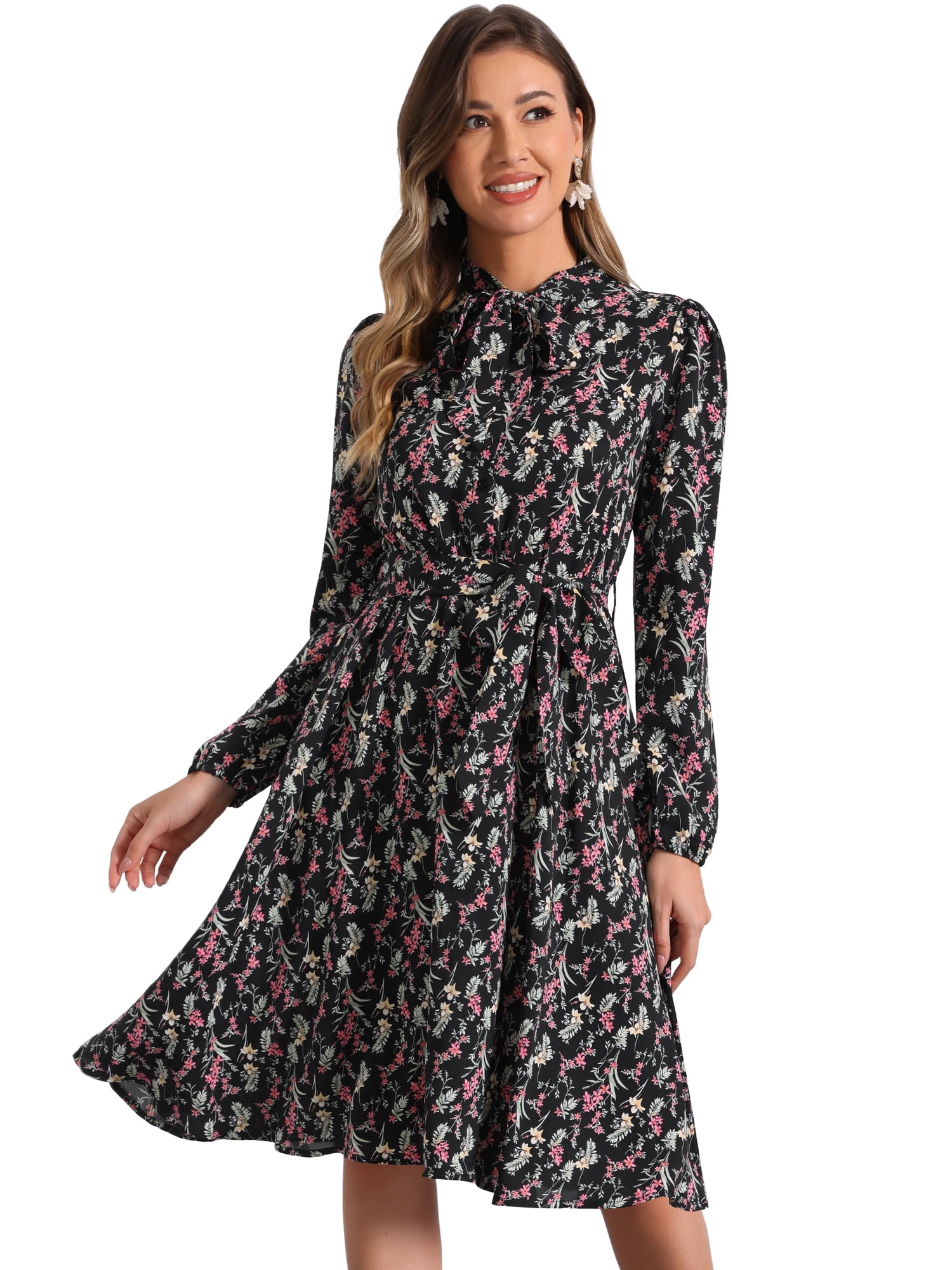 DARING DIVA Tie Neck Chiffon Belted Vintage Floral Midi Dress M Blacks