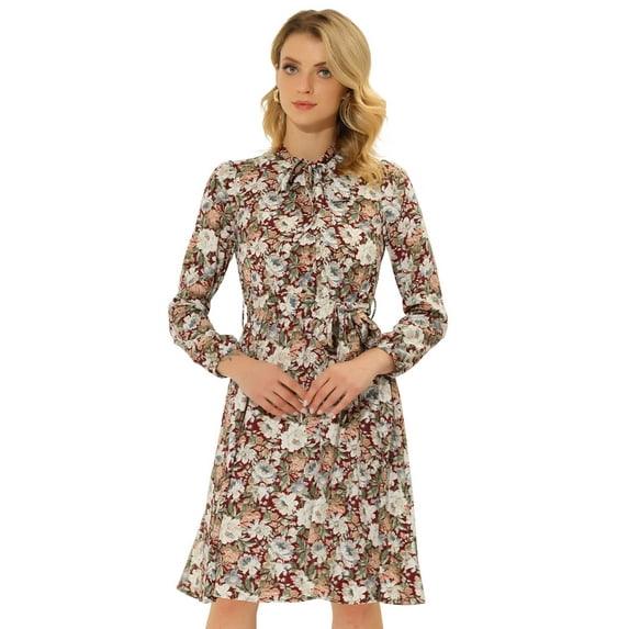 DARING DIVA Tie Neck Chiffon Belted Vintage Floral Midi Dress M Deep Red