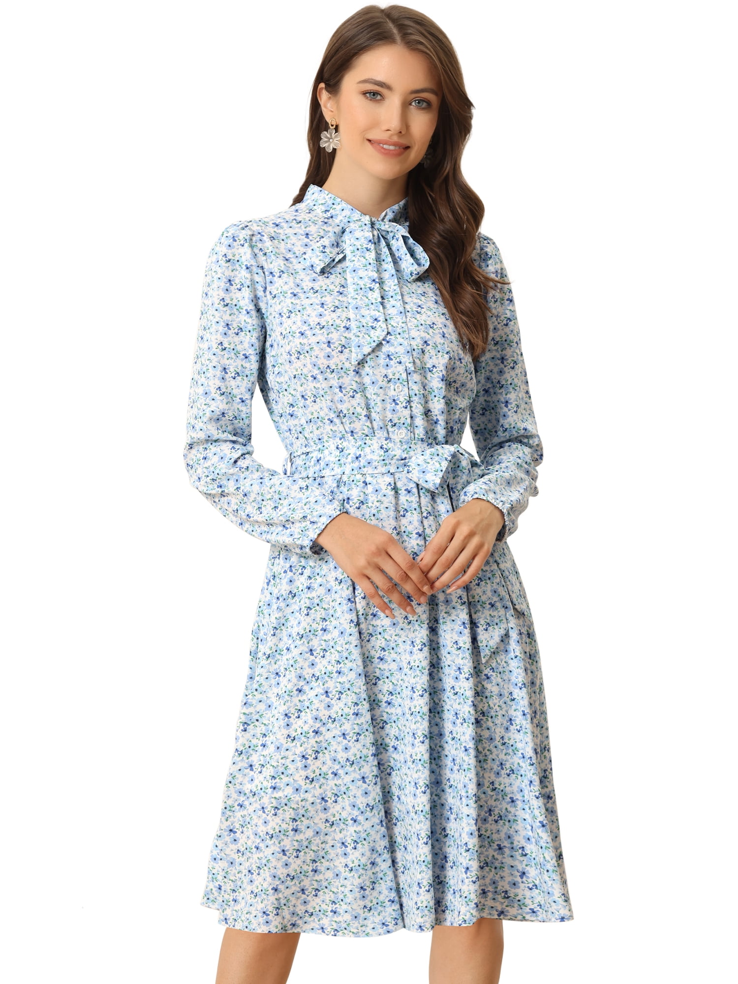 DARING DIVA Tie Neck Chiffon Belted Vintage Floral Midi Dress M Light Blue