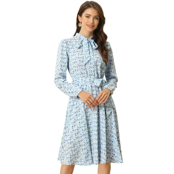 DARING DIVA Tie Neck Chiffon Belted Vintage Floral Midi Dress S Light Blue