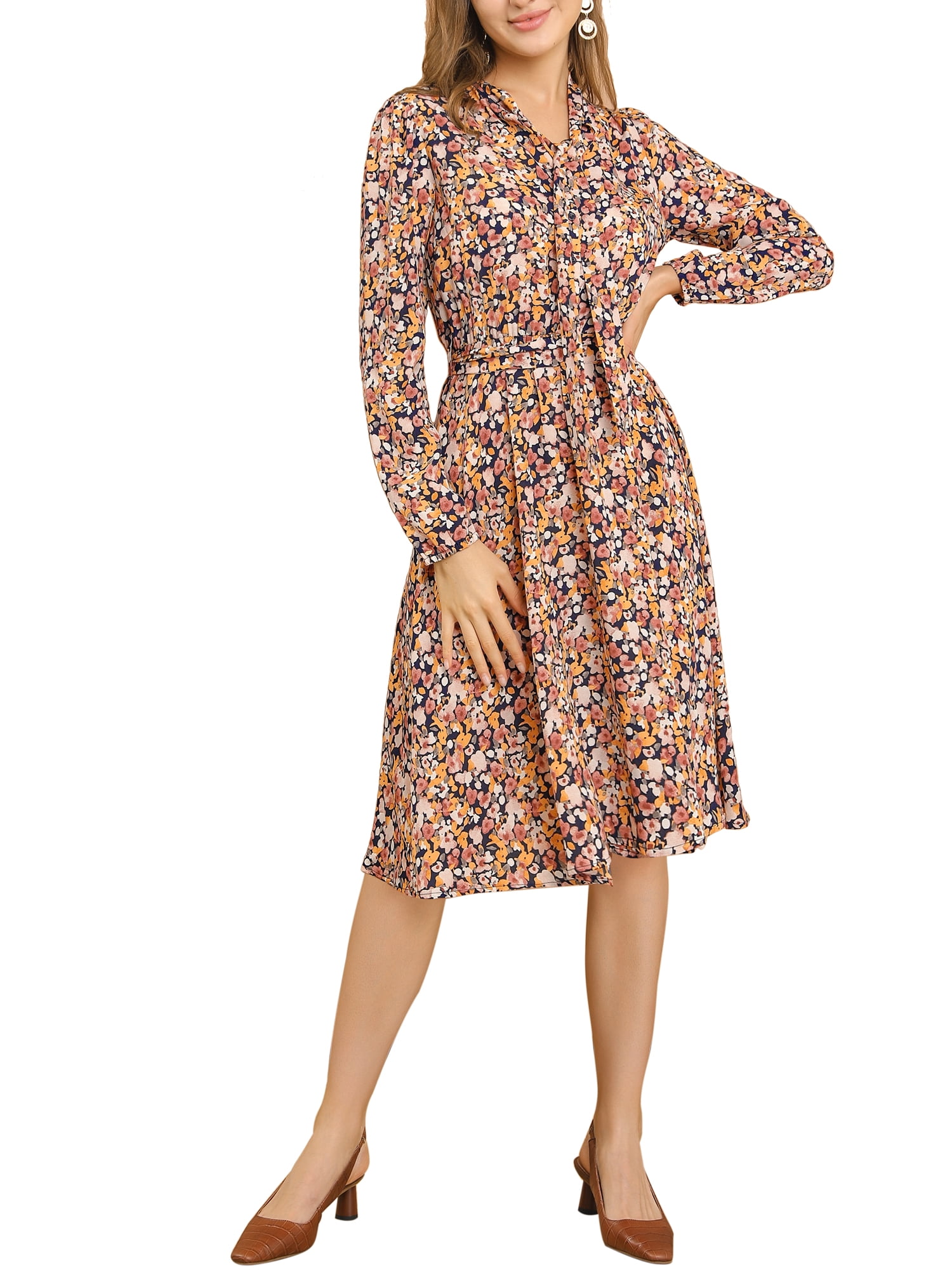DARING DIVA Tie Neck Chiffon Belted Vintage Floral Midi Dress S Yellow