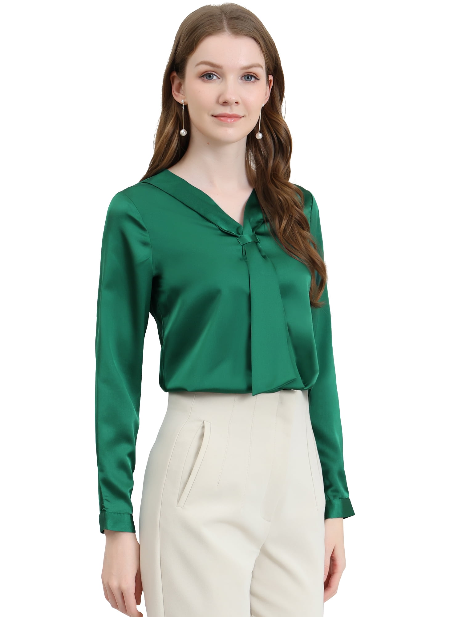 DARING DIVA Tie Neck Elegant Button Cuff Office Shirt M Dark Green