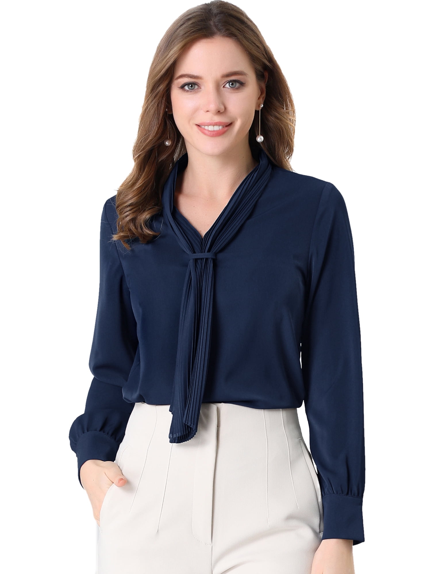 DARING DIVA Tie-Neck Long Sleeve Pleated Tops Shirt 3XL Navy Blue