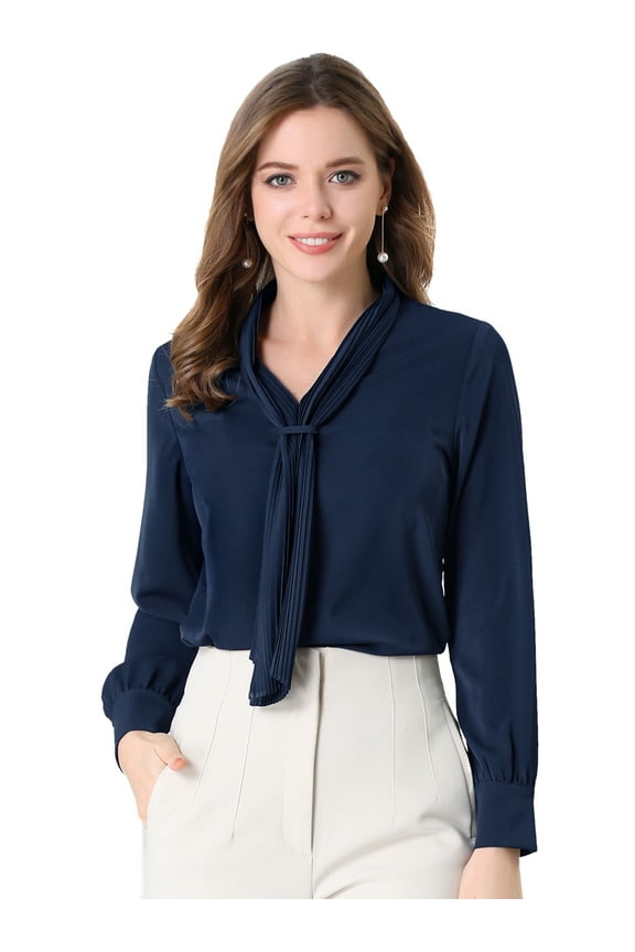 Tie-Neck Long Sleeve Pleated Tops Shirt 3XL Navy Blue