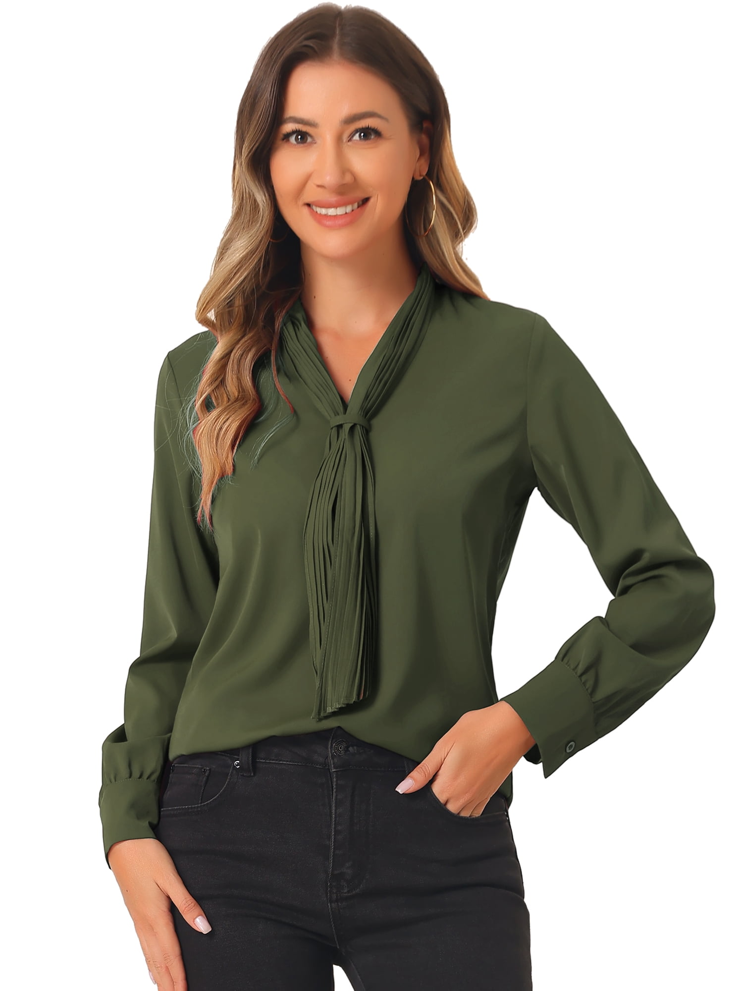DARING DIVA Tie-Neck Long Sleeve Pleated Tops Shirt XS Army Green