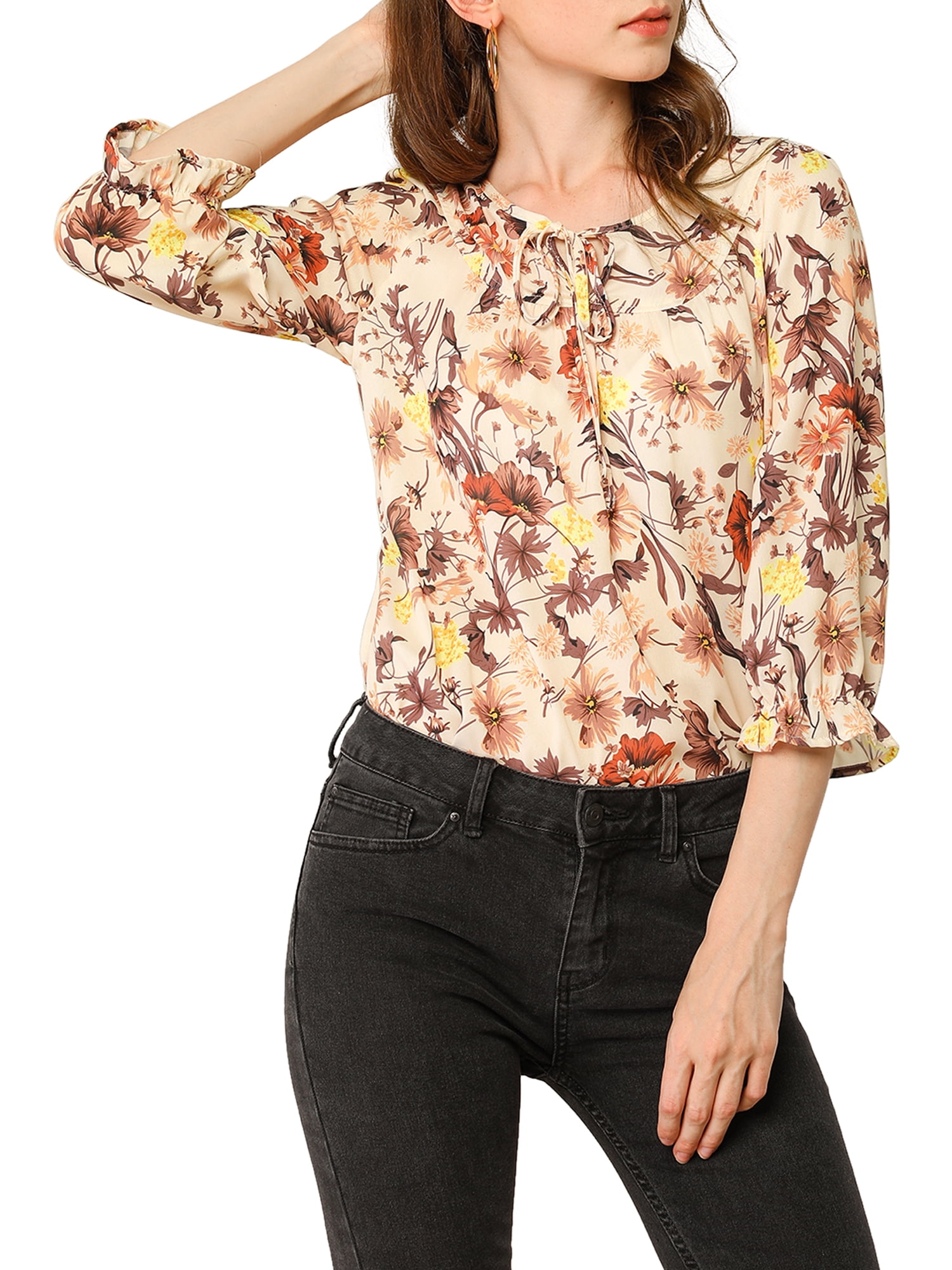 DARING DIVA Tie V Neck Boho Ruffled 3/4 Sleeve Blouse L Beige