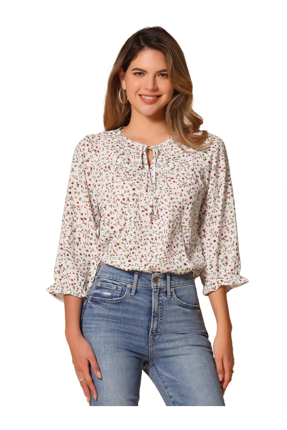 Tie V Neck Boho Ruffled 3/4 Sleeve Blouse M Beige Red