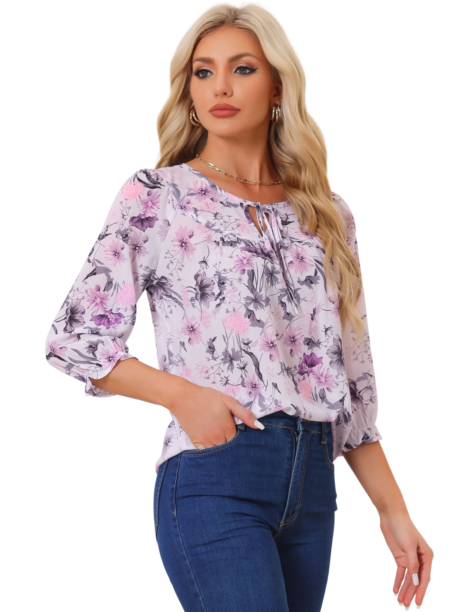 DARING DIVA Tie V Neck Boho Ruffled 3/4 Sleeve Blouse M Dusty Purple