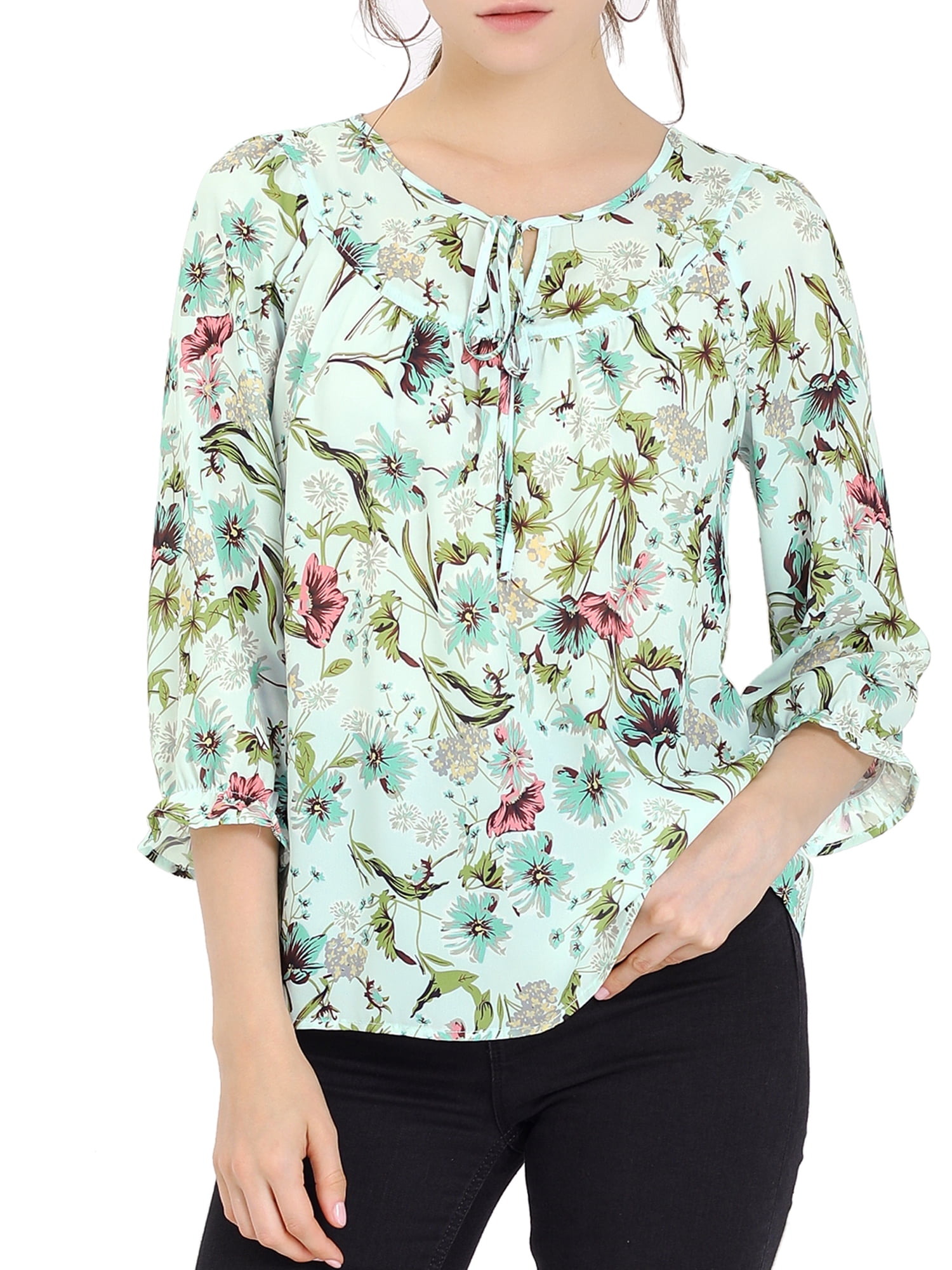 DARING DIVA Tie V Neck Boho Ruffled 3/4 Sleeve Blouse M Green
