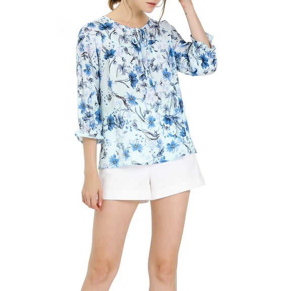 DARING DIVA Tie V Neck Boho Ruffled 3/4 Sleeve Blouse S Blue