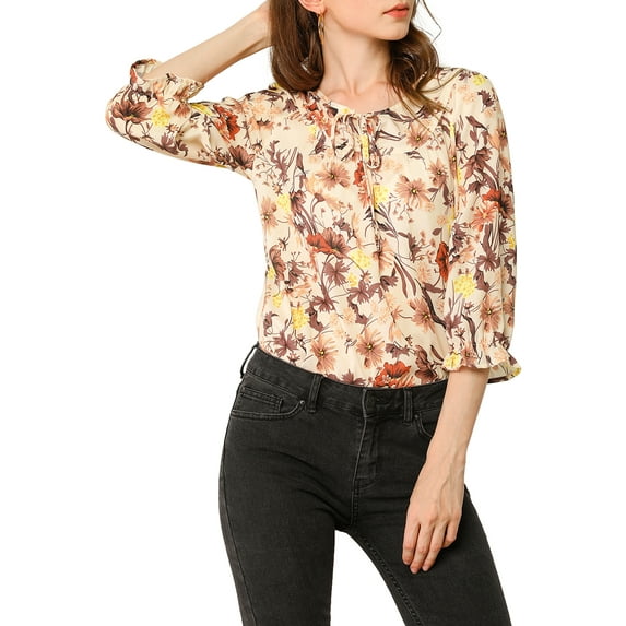 DARING DIVA Tie V Neck Boho Ruffled 3/4 Sleeve Blouse XS Beige