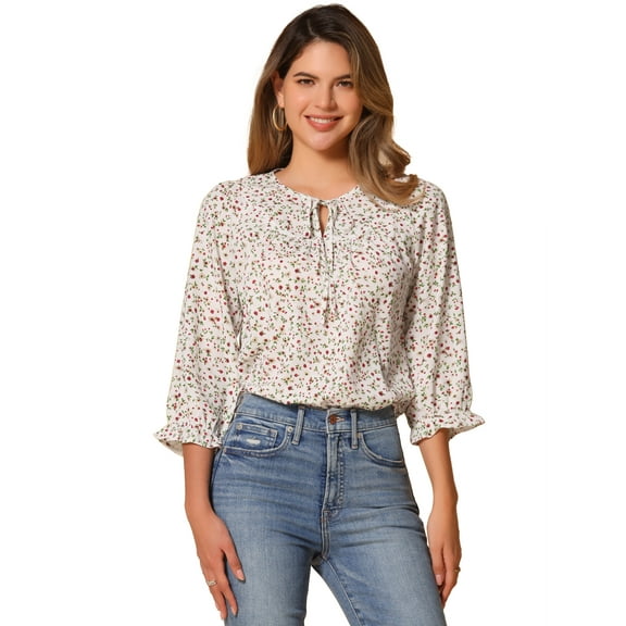 DARING DIVA Tie V Neck Boho Ruffled 3/4 Sleeve Blouses S Beige Red