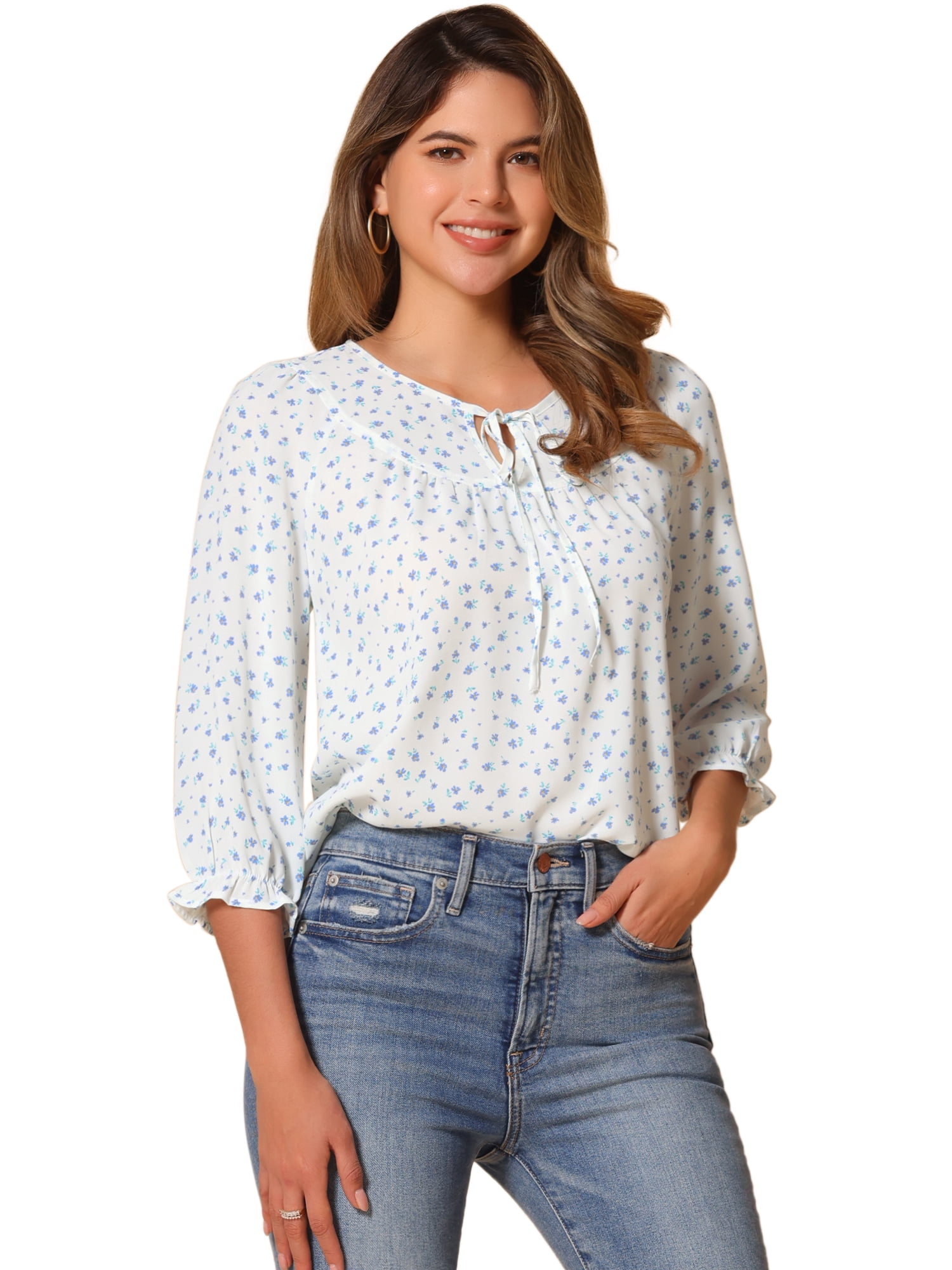 DARING DIVA Tie V Neck Boho Ruffled 3/4 Sleeve Blouses S White Blue