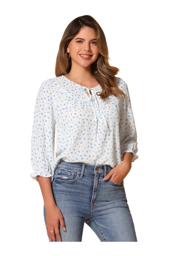 Tie V Neck Boho Ruffled 3/4 Sleeve Blouses S White Blue