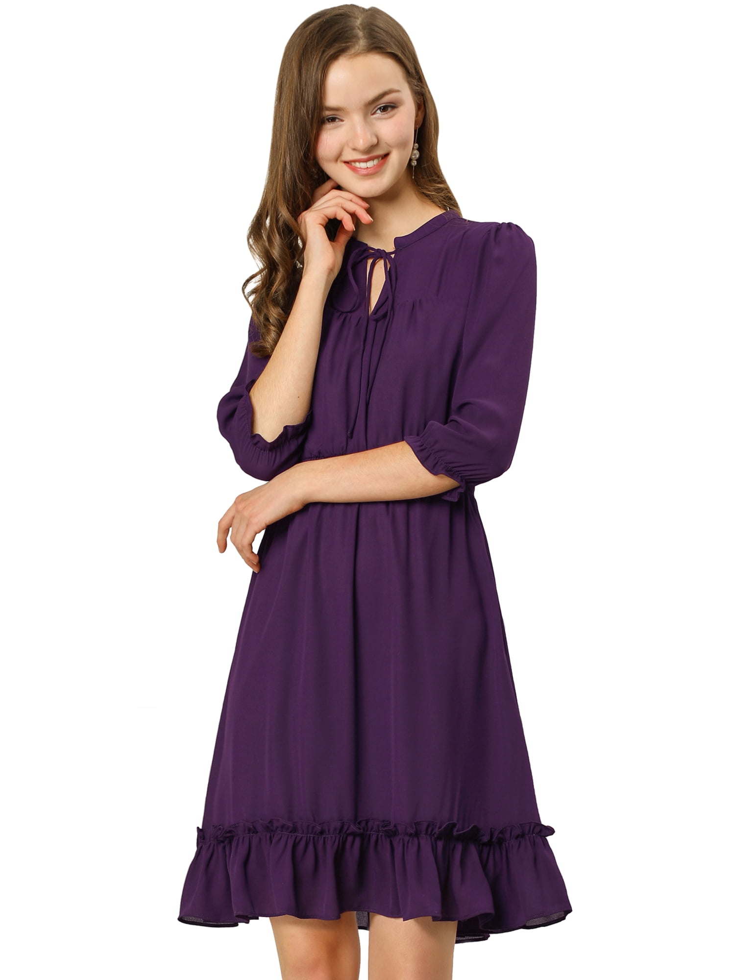 DARING DIVA Tie V Neck Chiffon 3/4 Sleeve Smocked Mini A-Line Dress 3XL Purple