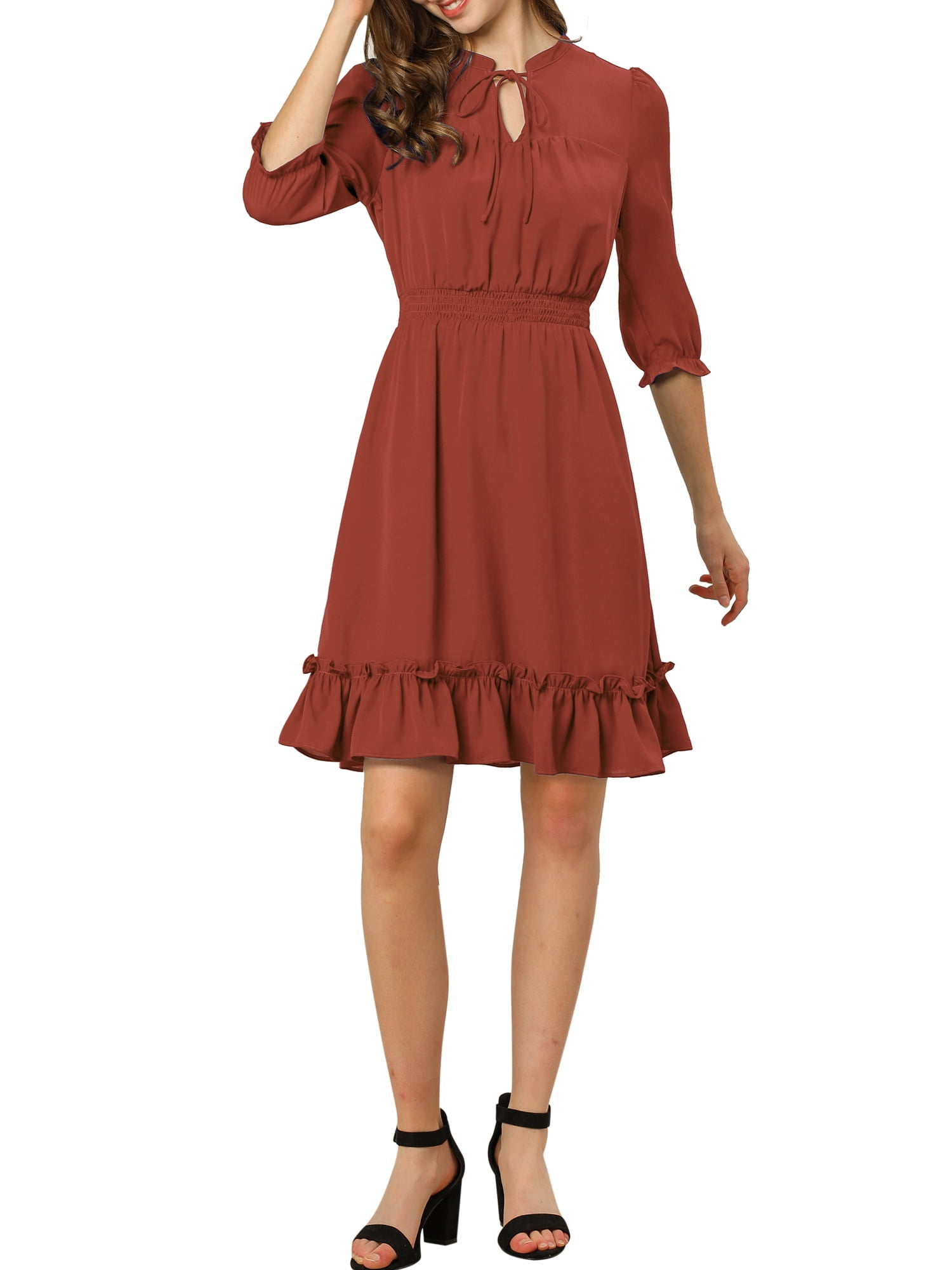 DARING DIVA Tie V Neck Chiffon 3/4 Sleeve Smocked Mini A-Line Dress L Candy