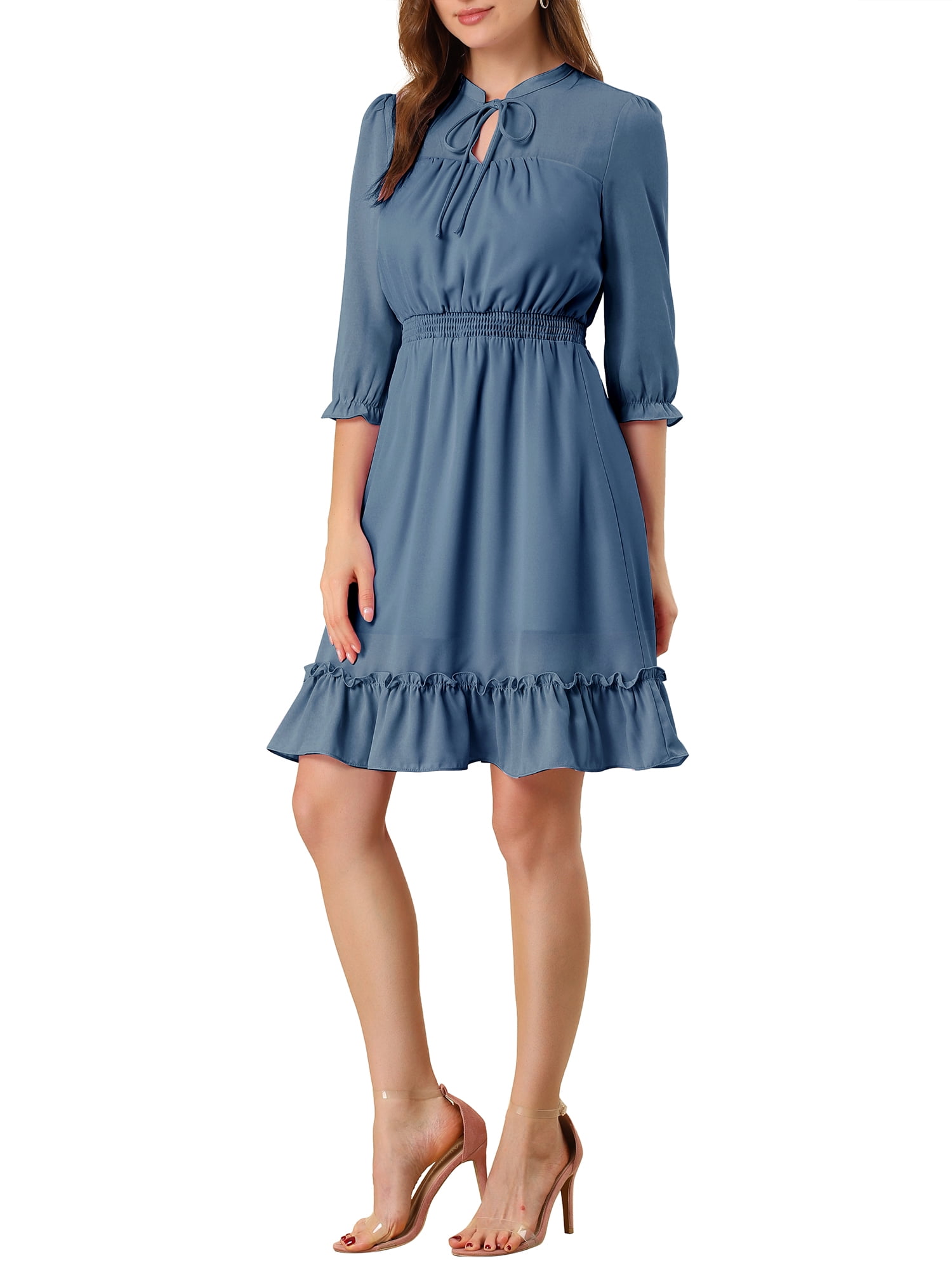 DARING DIVA Tie V Neck Chiffon 3/4 Sleeve Smocked Mini A-Line Dress M Blue Grey