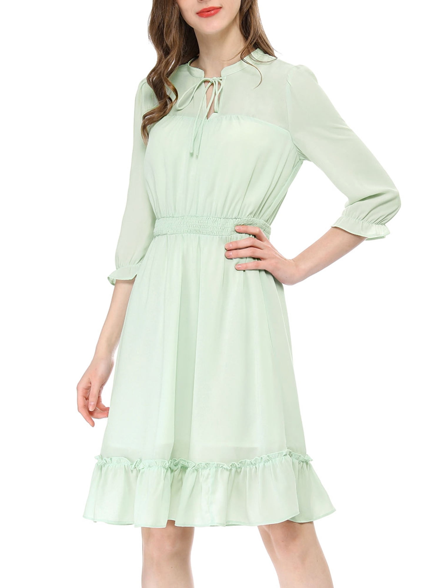 DARING DIVA Tie V Neck Chiffon 3/4 Sleeve Smocked Mini A-Line Dress M Green