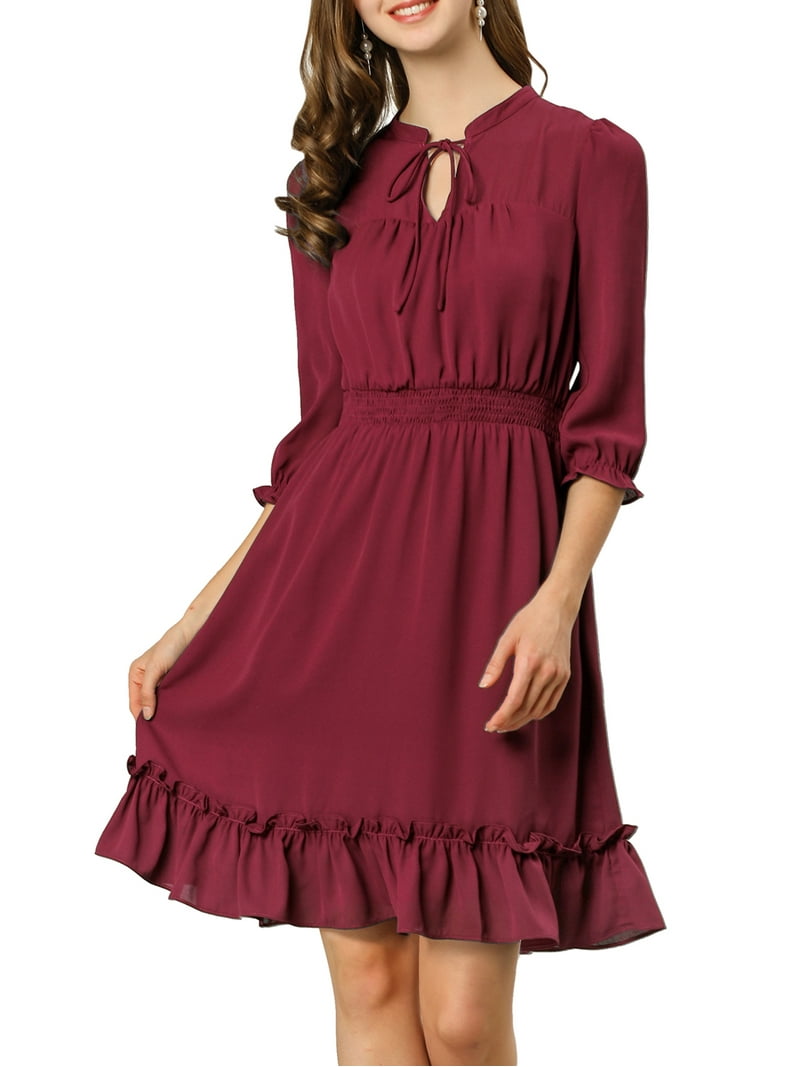 DARING DIVA Tie V Neck Chiffon 3/4 Sleeve Smocked Mini A-Line Dress XL Burgundy