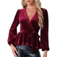 thumbnail image 1 of DARING DIVA Tie Waist Long Sleeve V Neck Blouse L Burgundy, 1 of 6