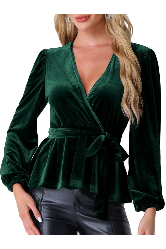 Tie Waist Long Sleeve V Neck Blouse M Dark Green