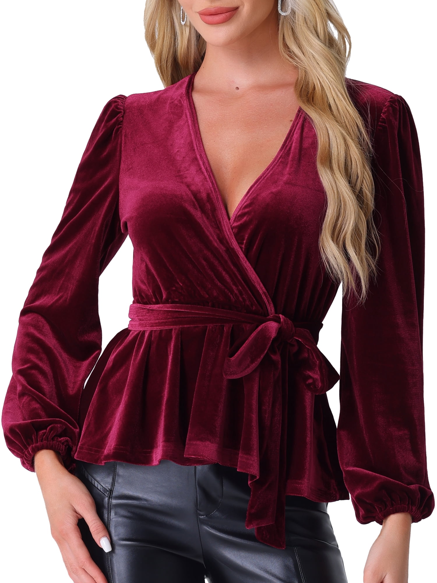 DARING DIVA Tie Waist Long Sleeve V Neck Blouse S Burgundy