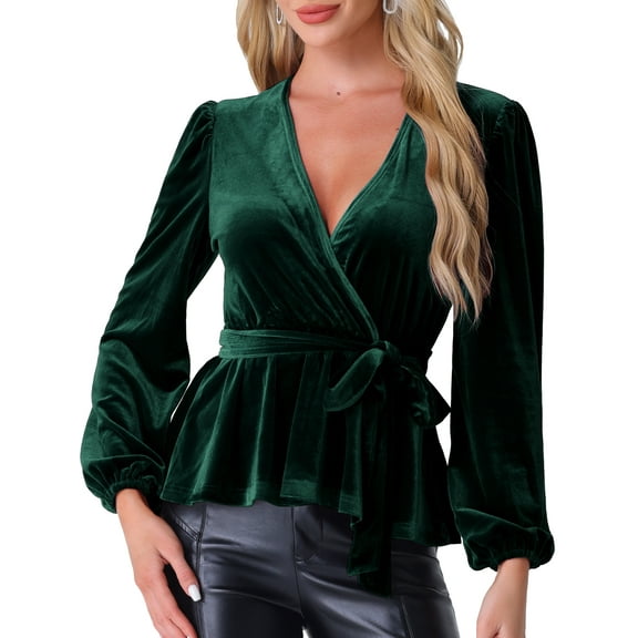 DARING DIVA Tie Waist Long Sleeve V Neck Blouse XL Dark Green