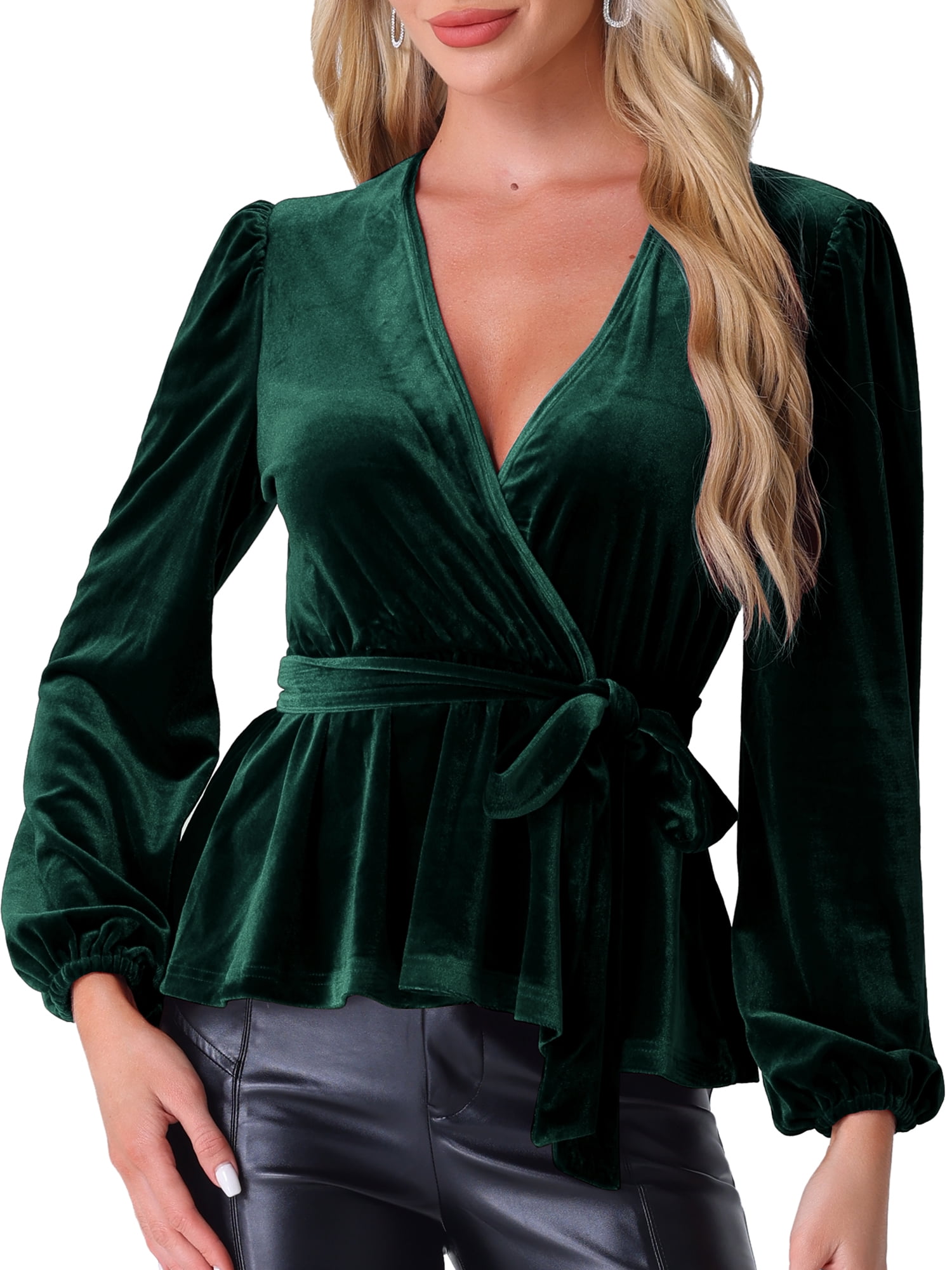DARING DIVA Tie Waist Long Sleeve V Neck Blouse XS Dark Green