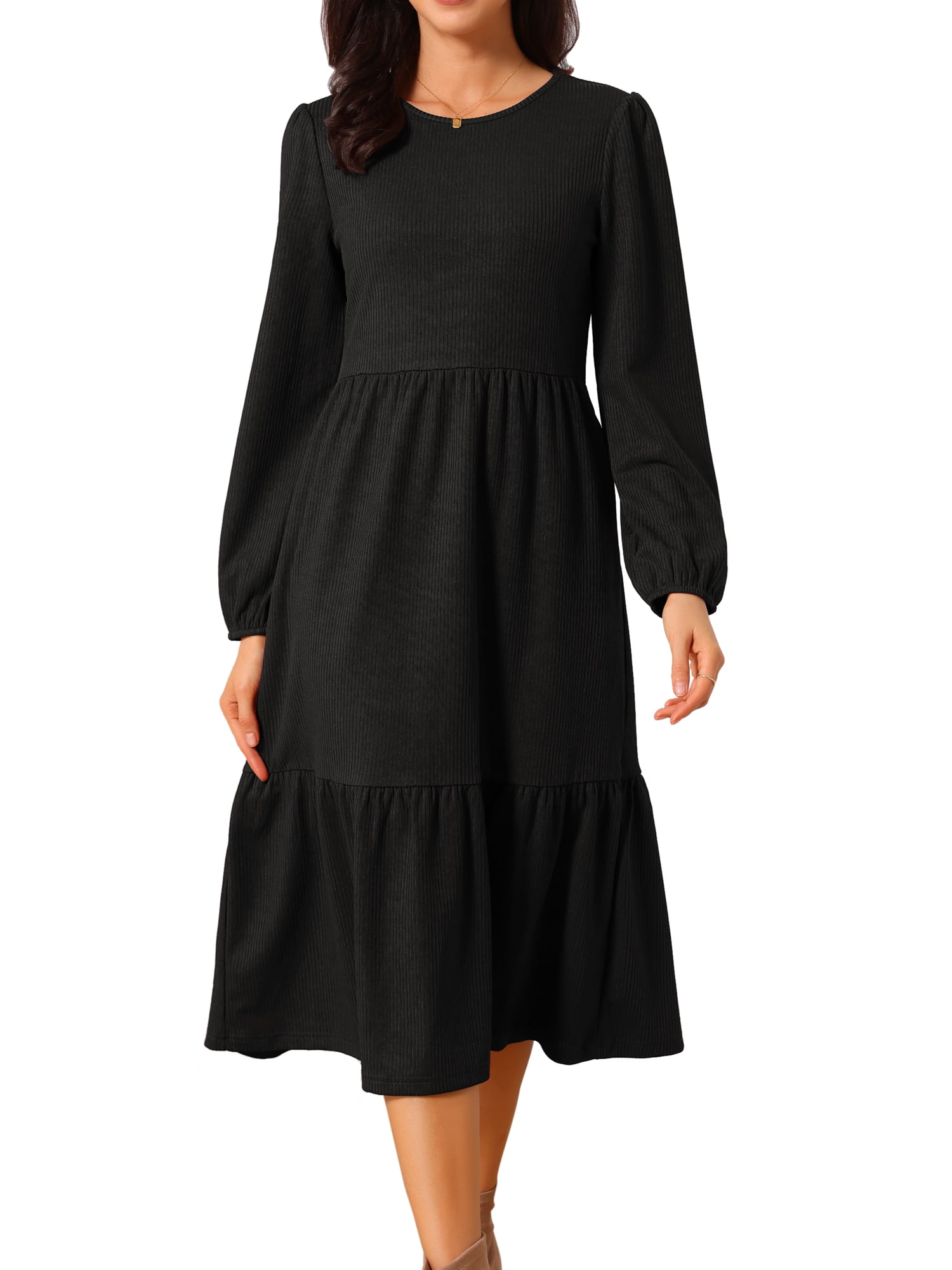 DARING DIVA Tiered Long Sleeve Round Neck Knit A-Line Midi Dress M Black