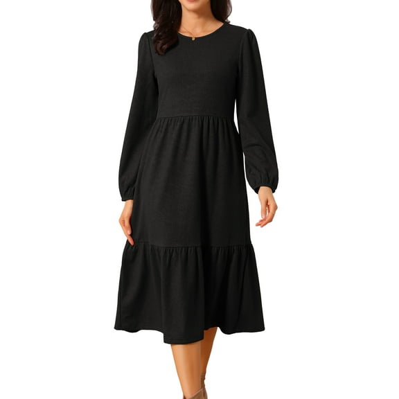 DARING DIVA Tiered Long Sleeve Round Neck Knit A-Line Midi Dress S Black