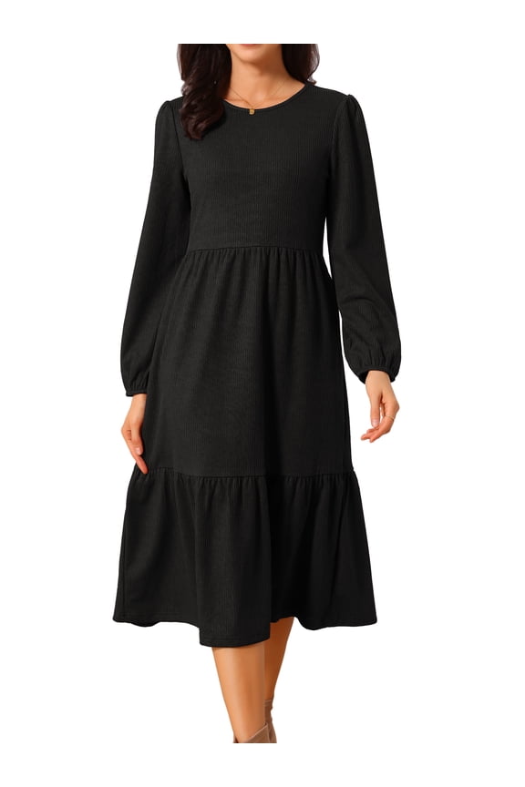 Tiered Long Sleeve Round Neck Knit A-Line Midi Dress S Black
