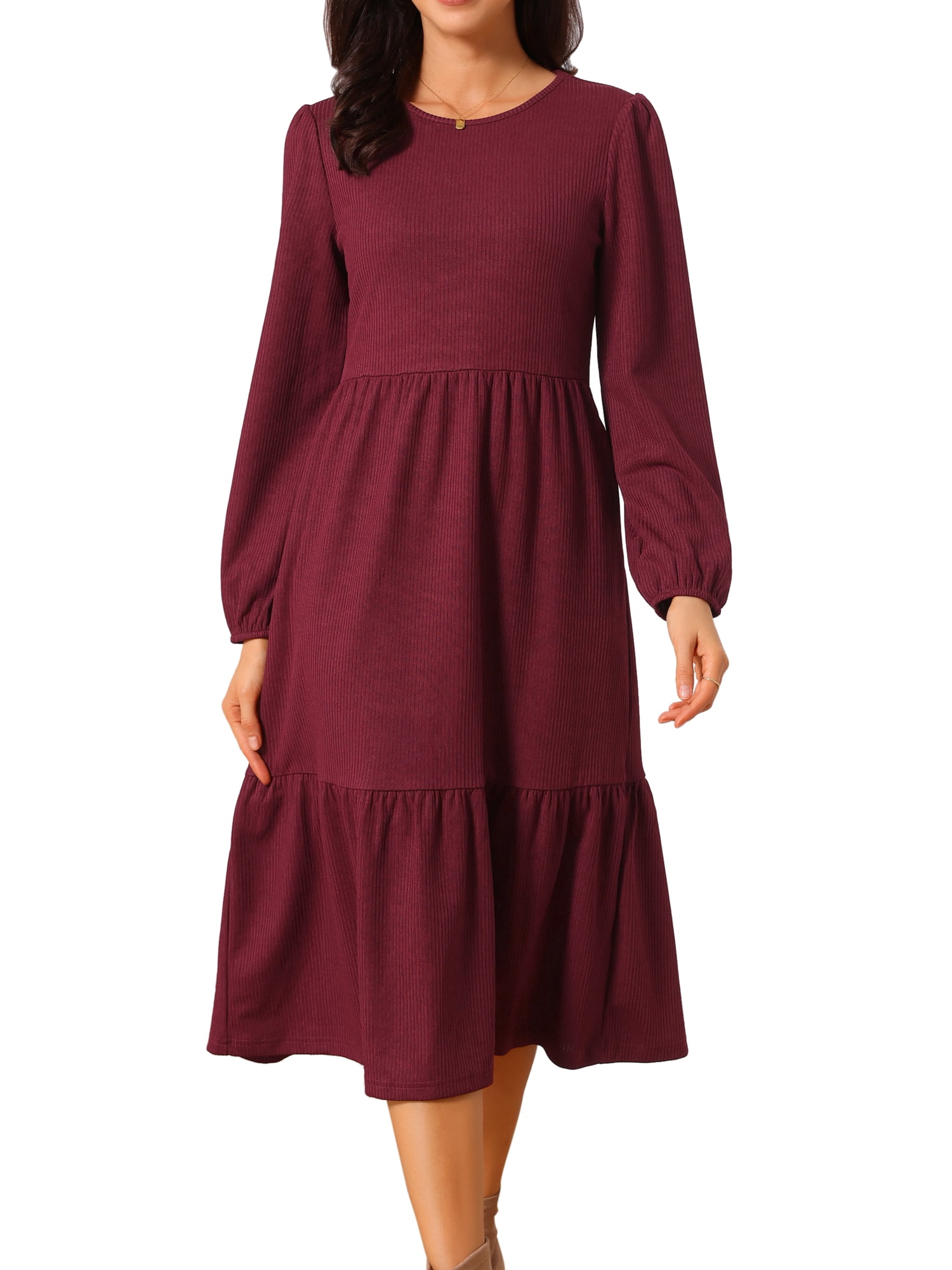 DARING DIVA Tiered Long Sleeve Round Neck Knit A-Line Midi Dress S Burgundy