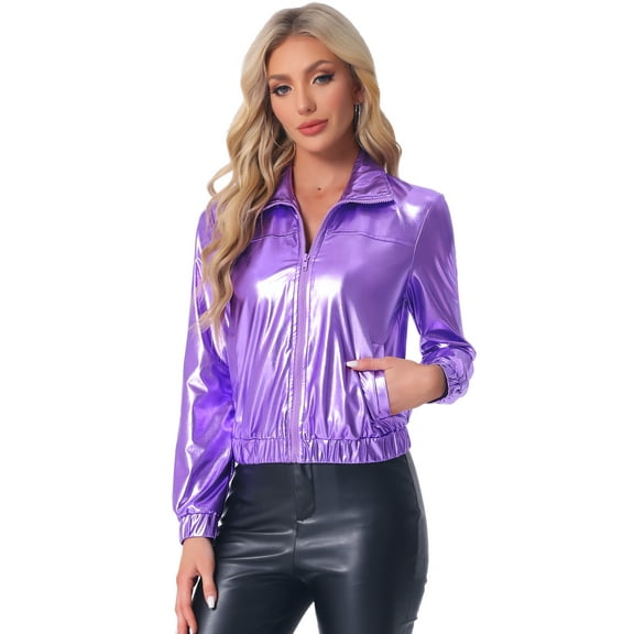 DARING DIVA Track Holographic Shiny Metallic Zip Front Jacket M Light Purple