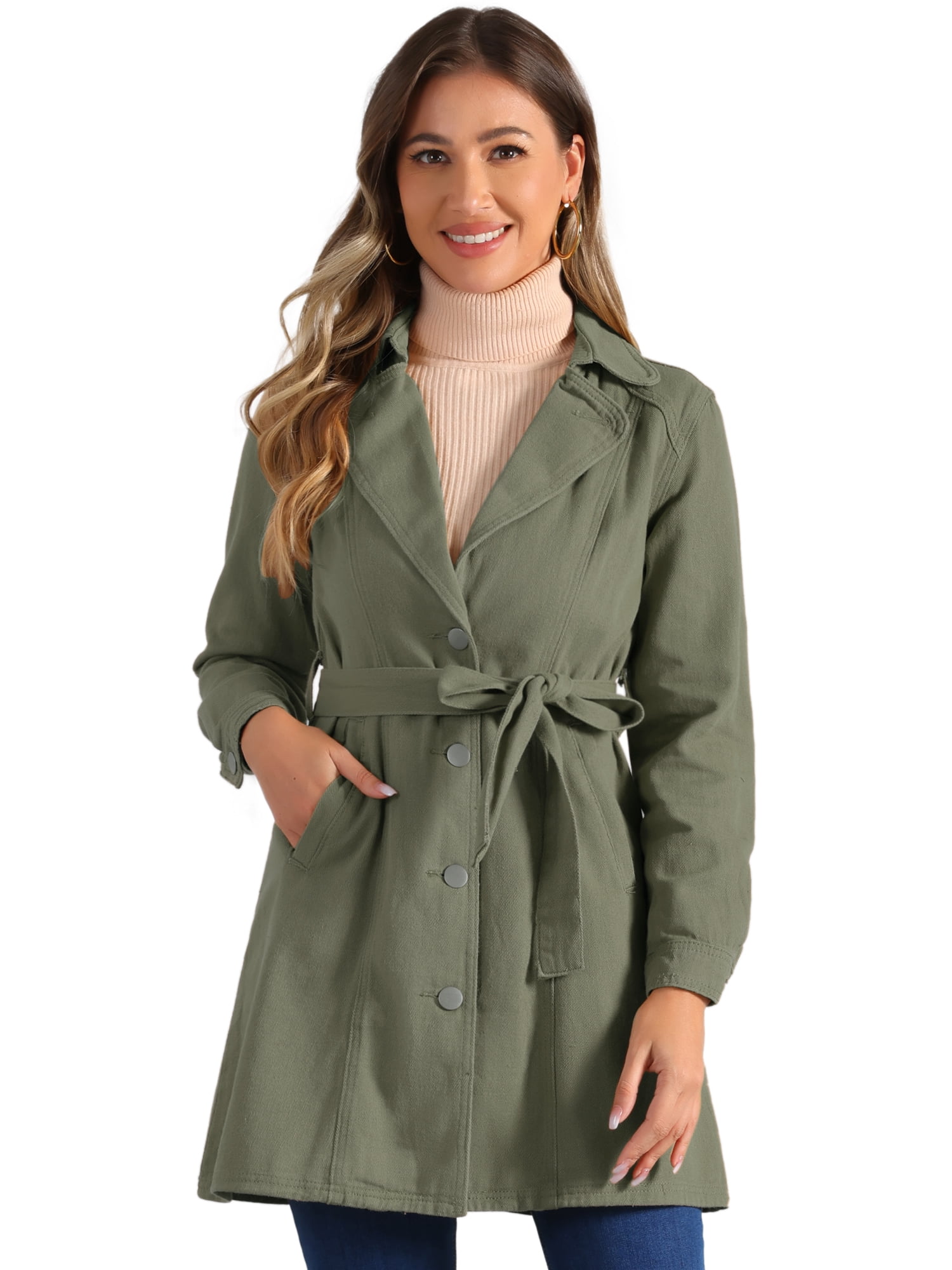 DARING DIVA Trench Jean Notched Lapel Long Sleeve Denim Jacket L Army Green