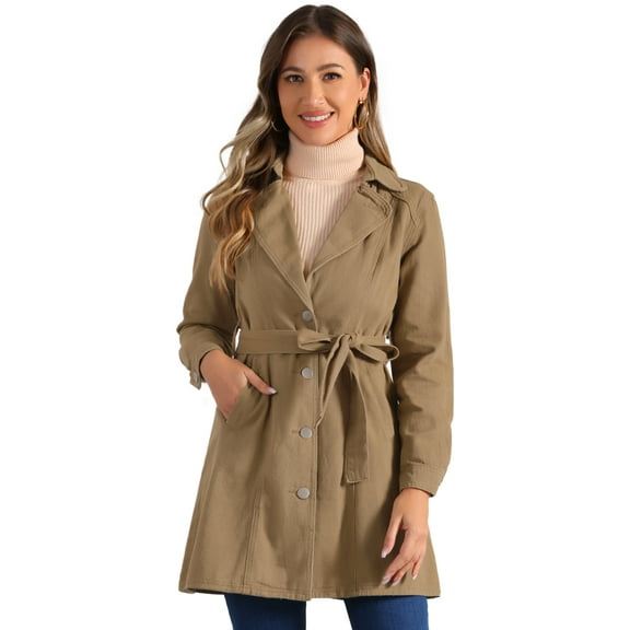 DARING DIVA Trench Jean Notched Lapel Long Sleeve Denim Jacket M Khaki