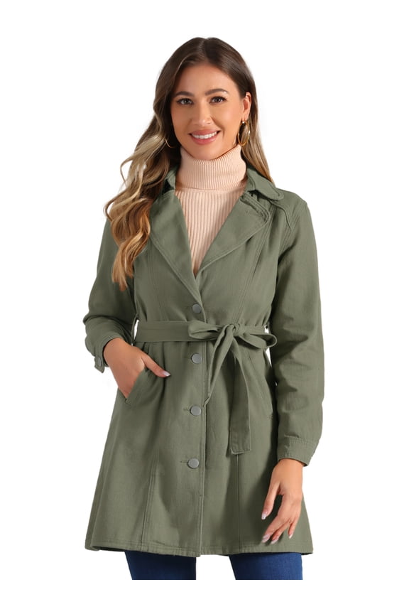 Trench Jean Notched Lapel Long Sleeve Denim Jacket S Army Green