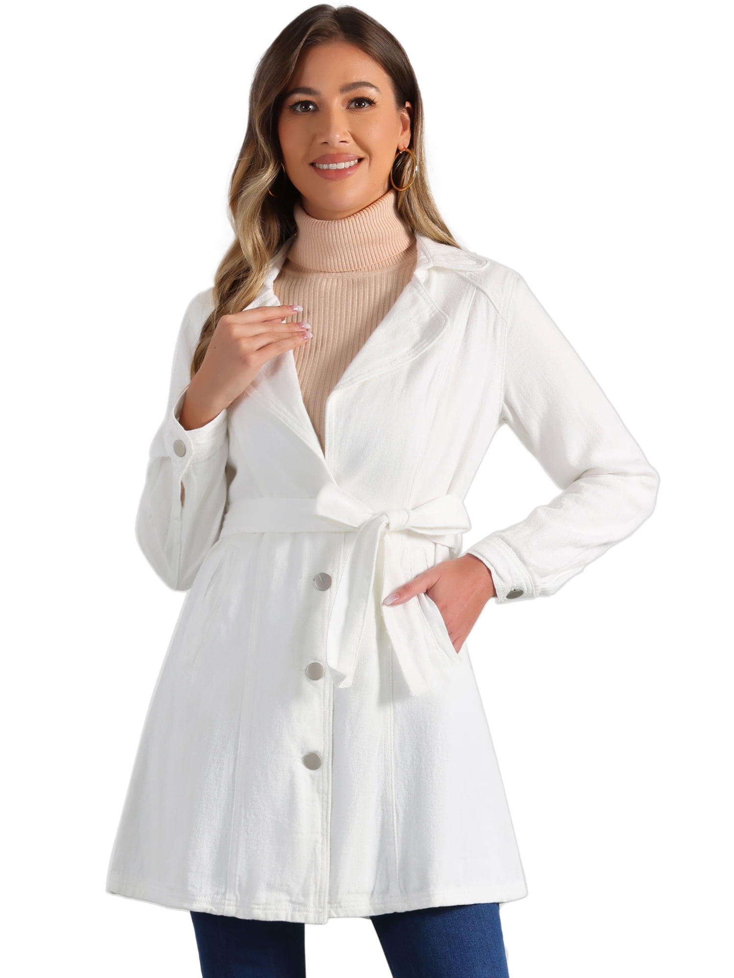 DARING DIVA Trench Jean Notched Lapel Long Sleeve Denim Jacket XL White