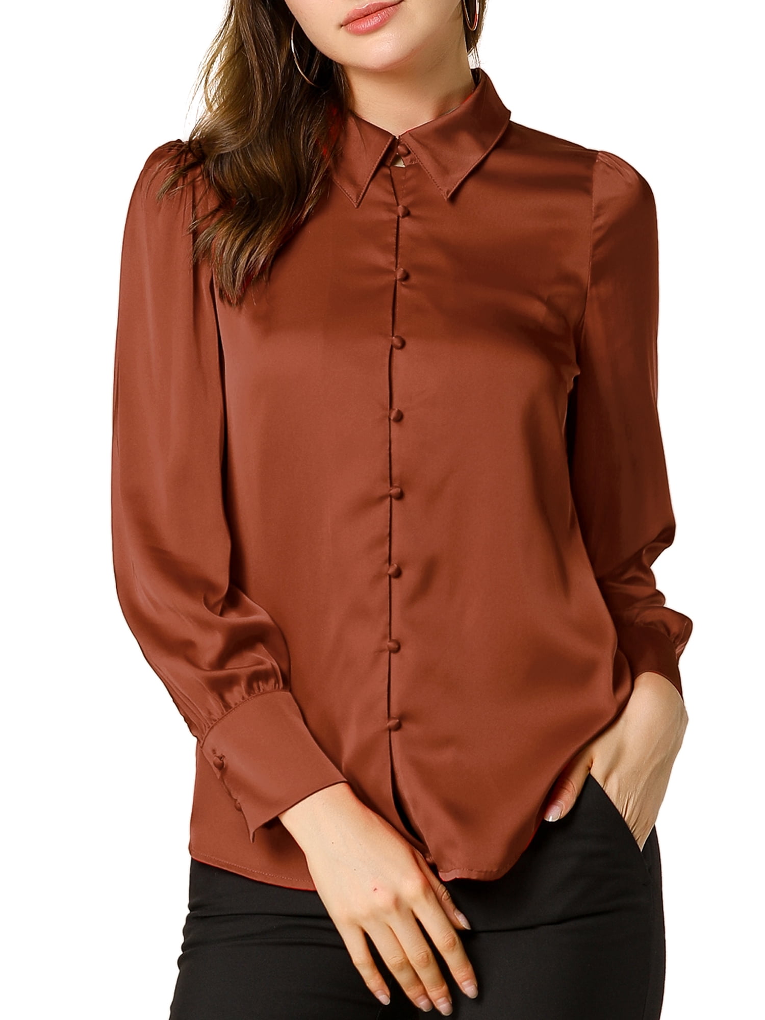 DARING DIVA Turn Down Collar Puff Sleeve Work Shirt L Burnt Orange