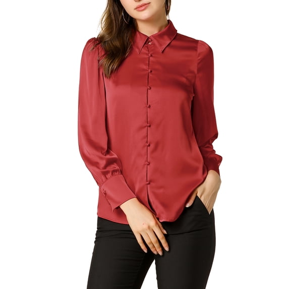 DARING DIVA Turn Down Collar Puff Sleeve Work Shirt S Red