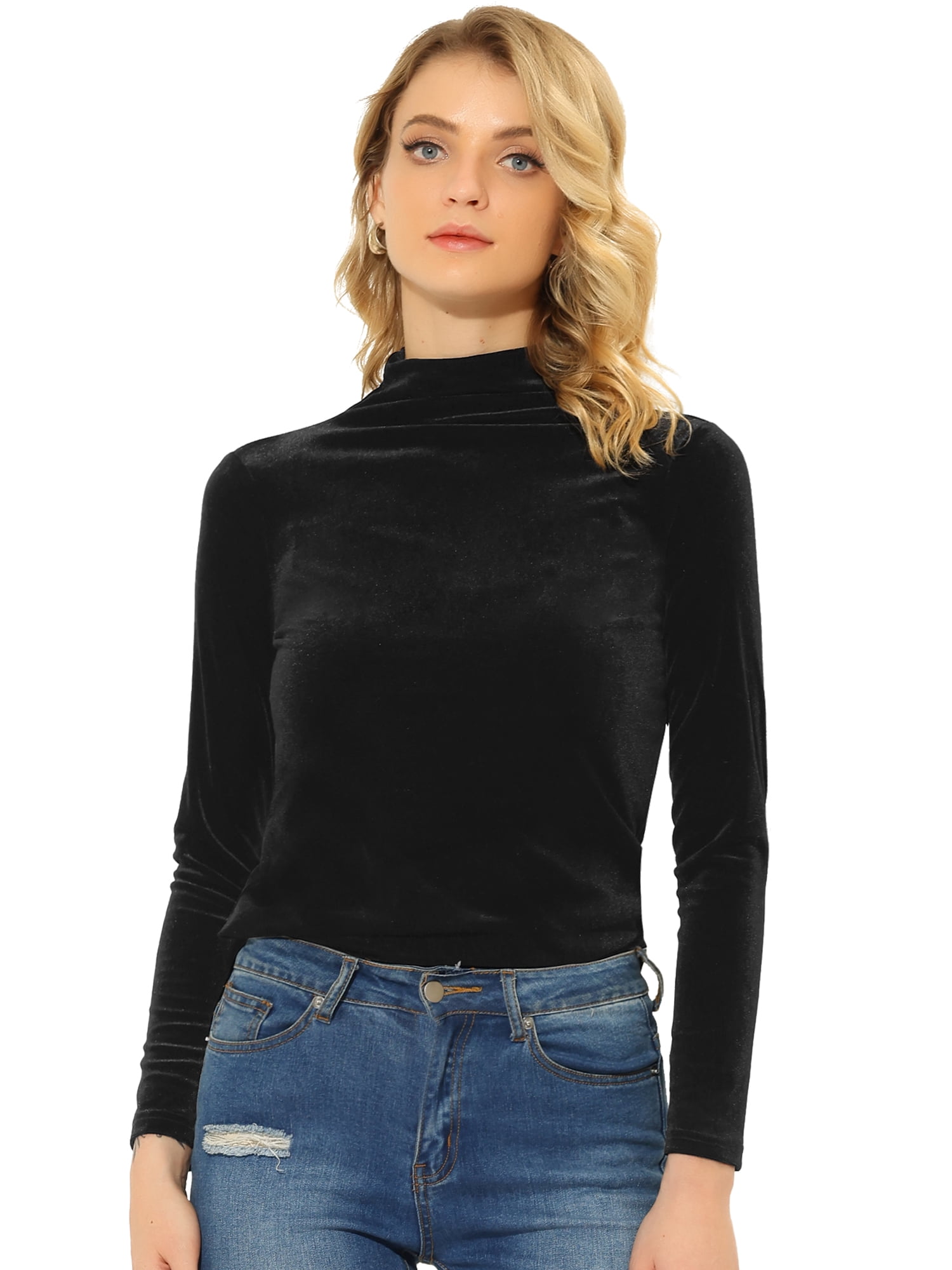 DARING DIVA Turtleneck Stretchy Velvet Basic Blouse L Black
