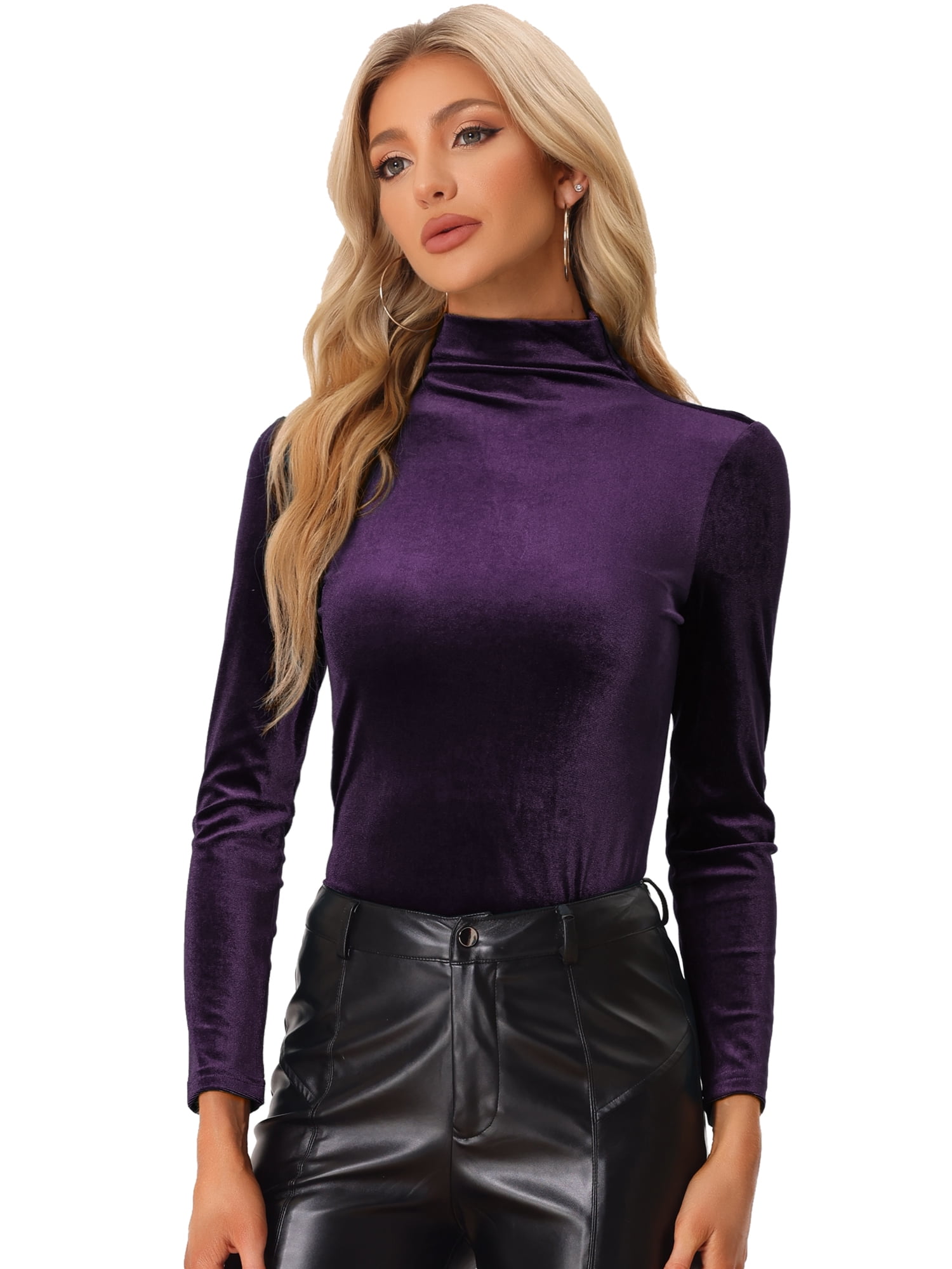 DARING DIVA Turtleneck Stretchy Velvet Basic Blouse L Purple